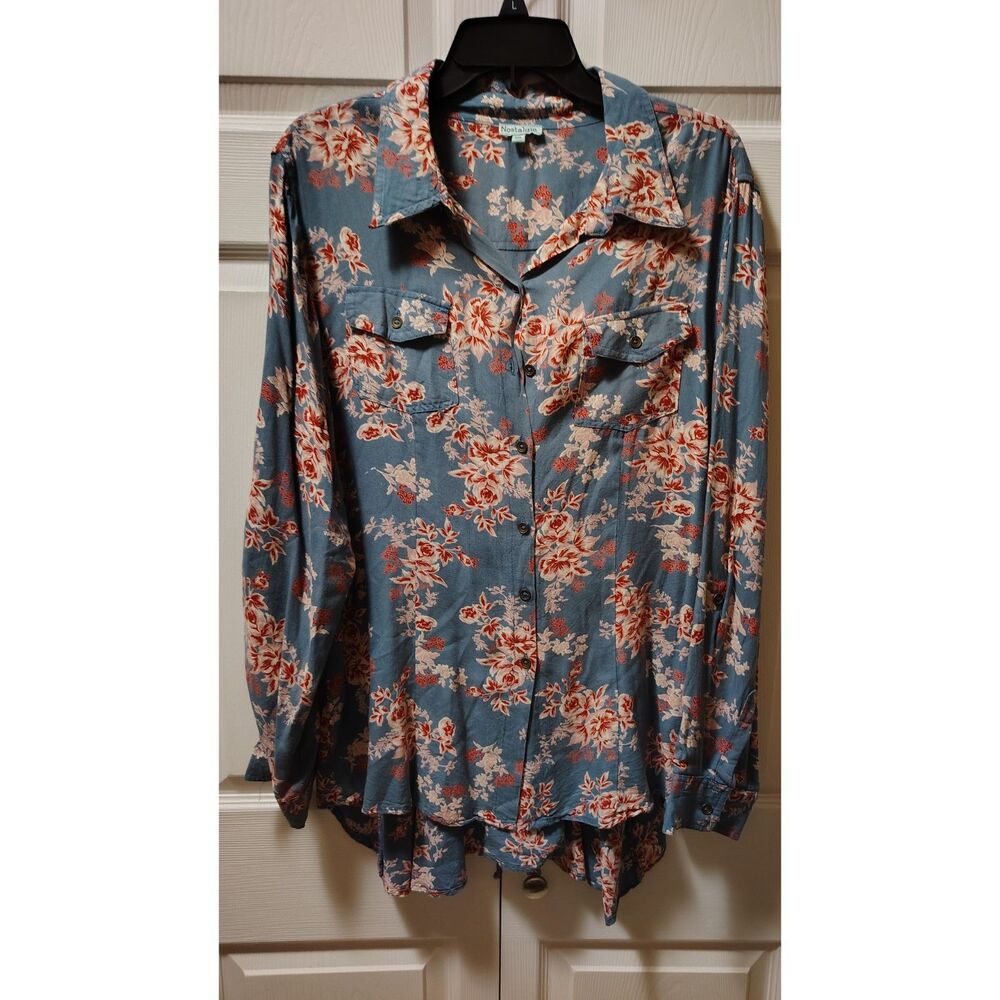 Nostalgia Blue Cottage Core Boho Floral Button-Down High-Low‎ Tunic Blouse XL